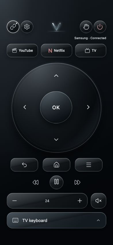 VELIO with a central glass V, YouTube, Netflix and TV shortcuts, a directional ring, volume controls and a TV keyboard